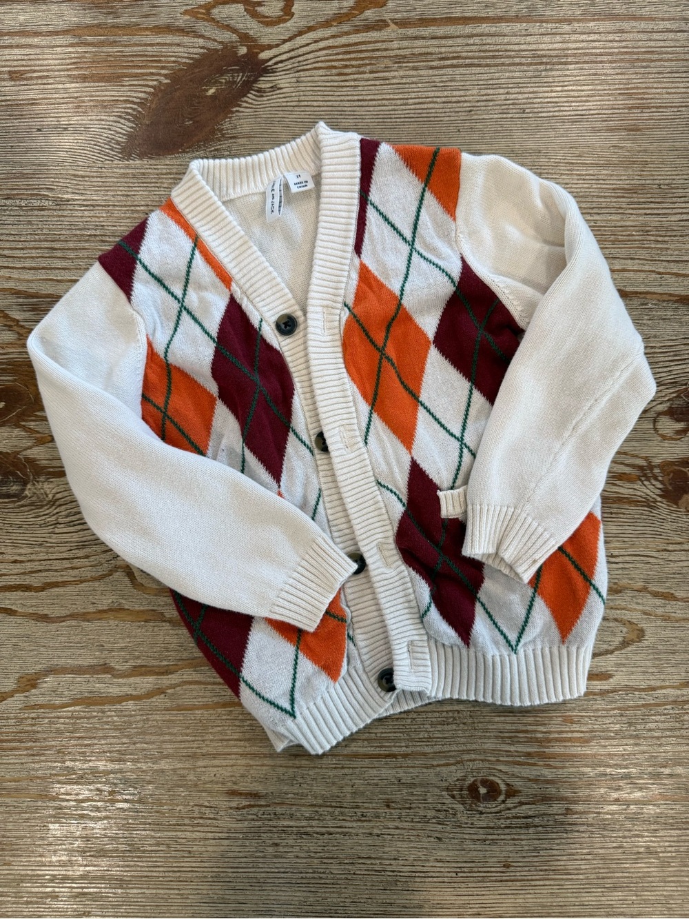 Janie and Jack Cream Cardigan with Orange and Burgundy Argyle